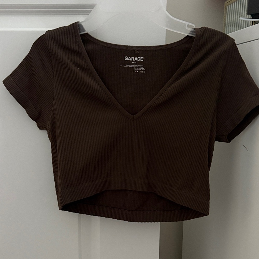Garage Brown Ribbed V-Neck Cropped Tee